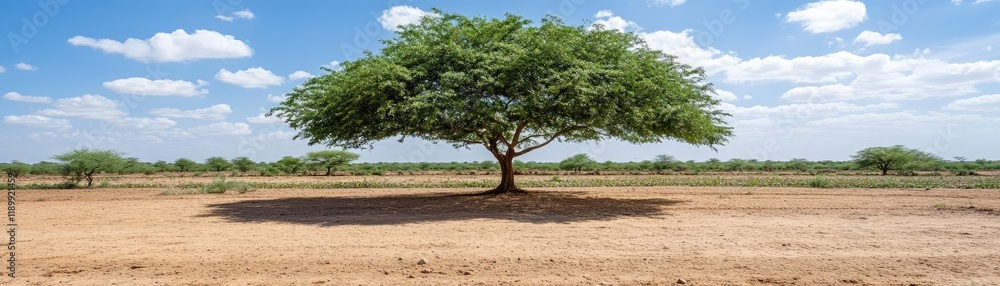 Solitary Tree in Arid Landscape Under Bright Sky - Nature's Resilience and Isolation Solitary Tree in Arid Landscape Under Bright Sky - Nature's Resilience and Isolation