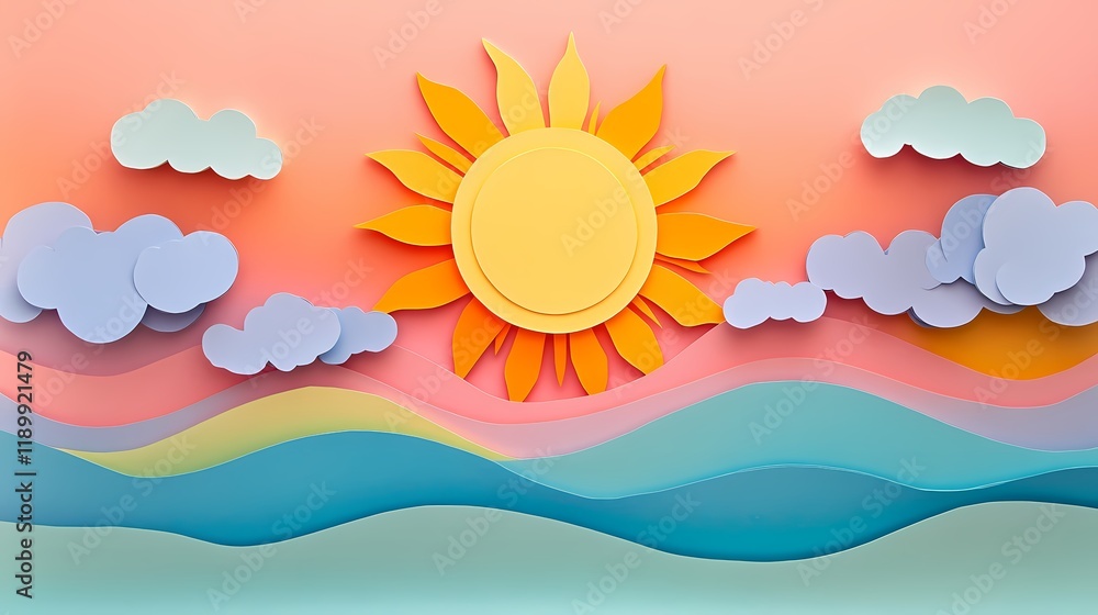 Bright and Cheerful Paper Art Depicting a Sun Rising Over Colorful Waves and Soft Clouds, Perfect for Brightening Up Any Creative Project or Presentation Bright and Cheerful Paper Art Depicting a Sun Rising Over Colorful Waves and Soft Clouds, Perfect for Brightening Up Any Creative Project or Presentation