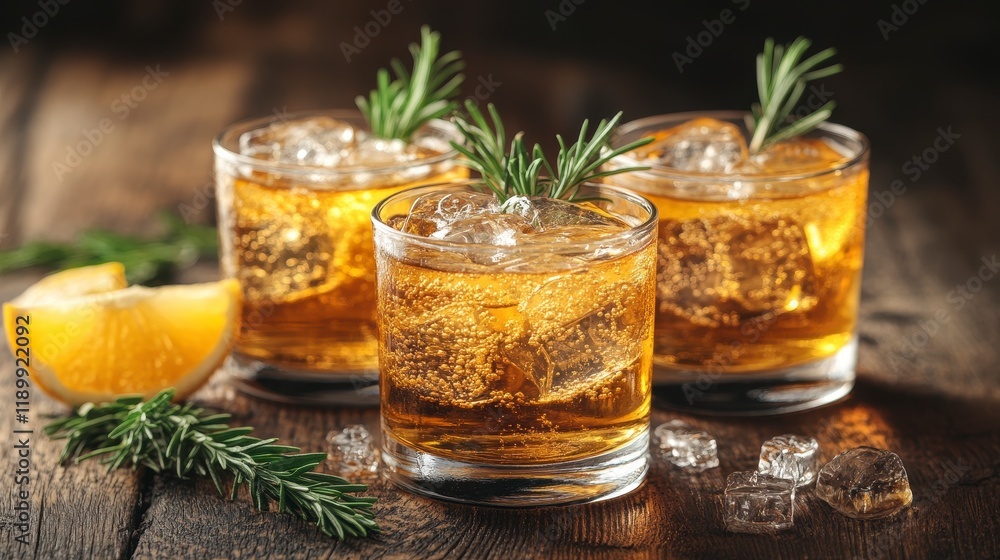 Three glasses of amber cocktail with ice and rosemary garnish on wooden table. Three glasses of amber cocktail with ice and rosemary garnish on wooden table.