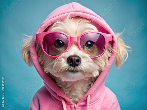 Adorable Pink Pup: Fluffy Dog in Sunglasses, Food Photography photo