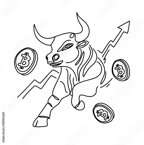line art depicting a symbolic bullish bitcoin market represented by a charging bull, bitcoins, and an upward arrow graph. Perfect illustration for cryptocurrency growth and financial market concepts