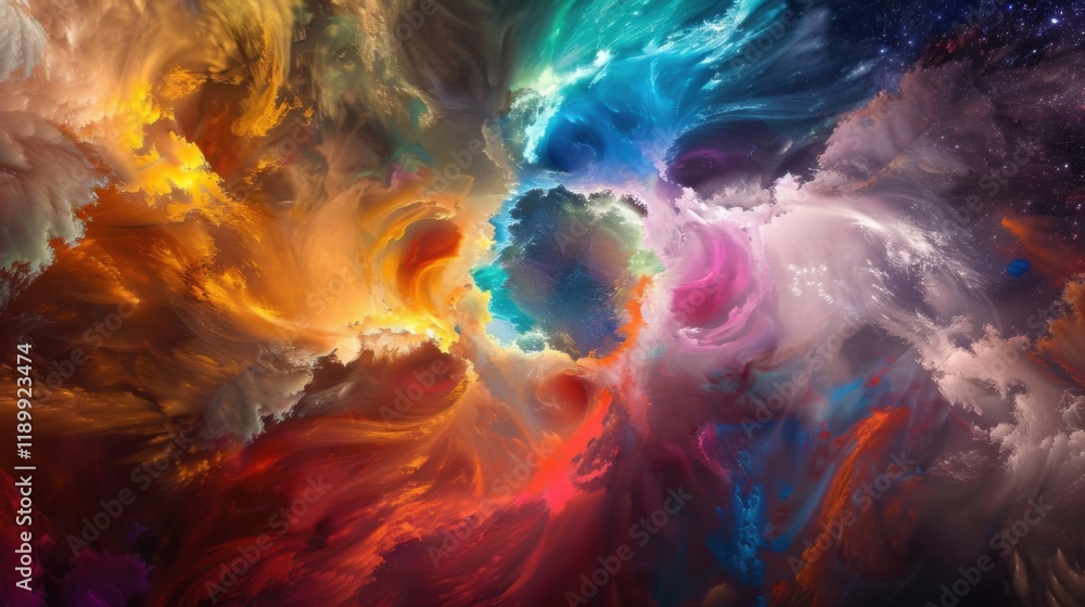 Fototapeta premium a enchanting journey through an abstract galaxy of vibrant colors and cosmic energy, with a blank canvas in the center for text, bold and dynamic hues against a dark celestial background