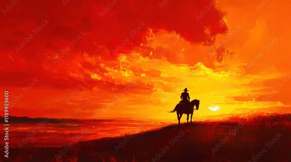 Fototapeta premium Lone cowboy silhouetted against a fiery sunset.
