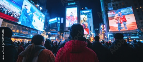 Crowd watching vibrant city night billboards.