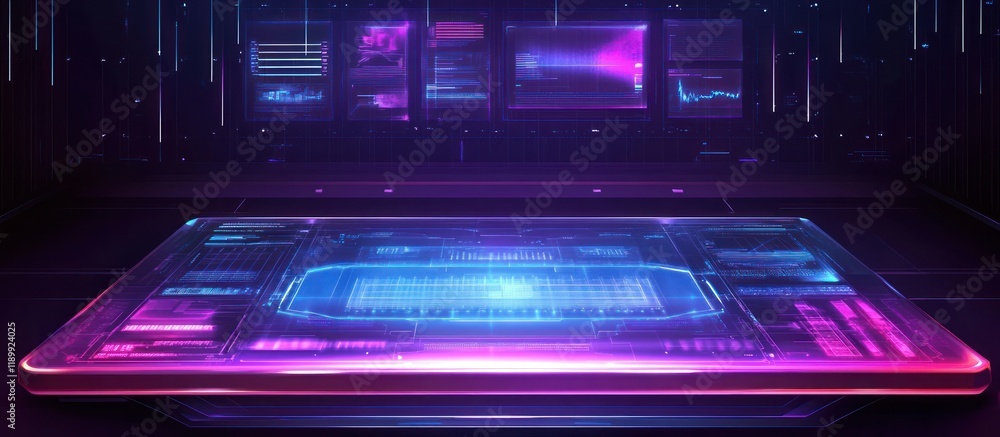 Futuristic holographic table with glowing interface and data screens in background. Futuristic holographic table with glowing interface and data screens in background.