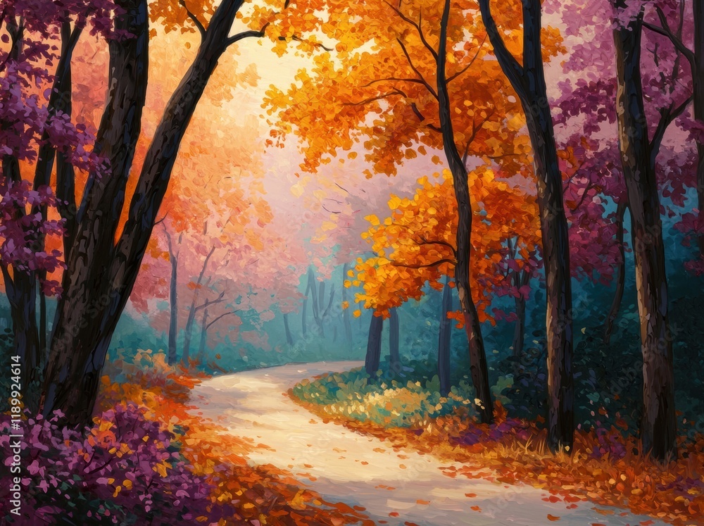 Vibrant Autumn Pathway Through Colorful Trees in Golden Light Vibrant Autumn Pathway Through Colorful Trees in Golden Light