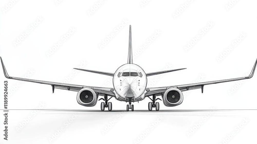 Front view sketch of modern passenger airplane on white background Front view sketch of modern passenger airplane on white background