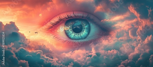 A giant eye gazes upon a vibrant sunset sky filled with fluffy clouds.