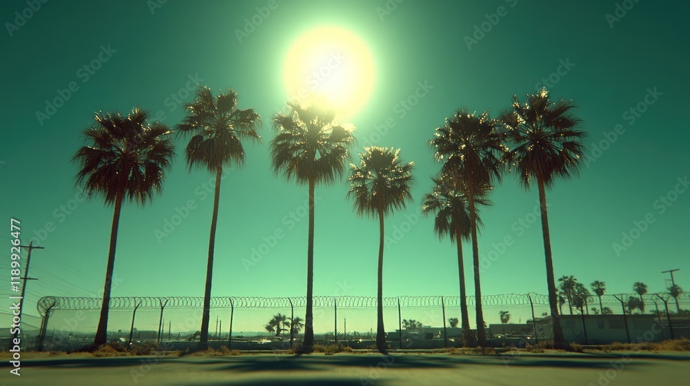Obraz premium Palm trees silhouetted against a bright sun and a fence.