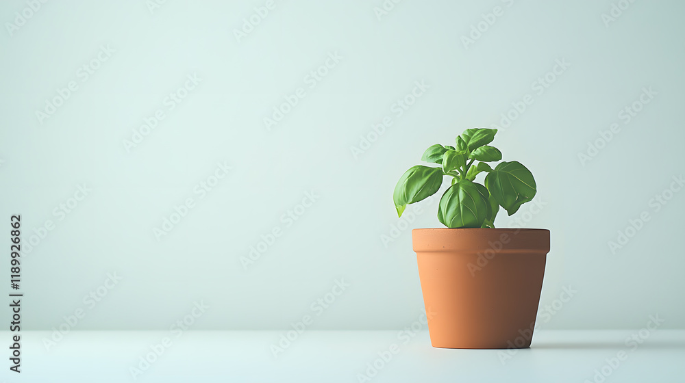 Fototapeta premium A small basil plant in a terracotta pot sits on a white surface against a light blue wall. Simple, minimalist, and clean aesthetic.