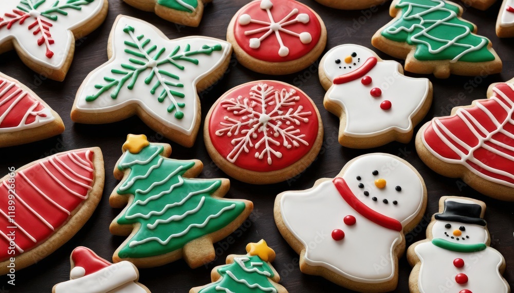 Festive Christmas Iced Cookies Decorated with Snowflakes and Trees Festive Christmas Iced Cookies Decorated with Snowflakes and Trees