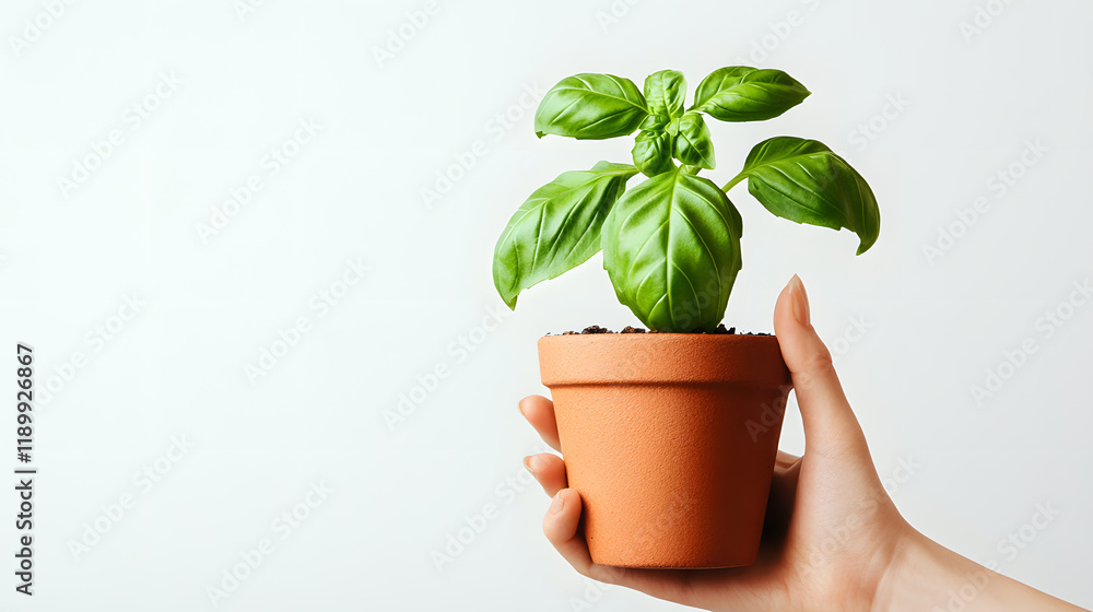 Obraz premium A hand gently holds a terracotta pot containing a vibrant basil plant against a clean white background. The image evokes feelings of growth, nature, and care.