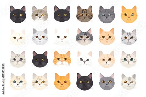 A vector illustration set of various cat breeds, such as Abyssinian, Persian, and Siamese, designed in a cute flat style with soft colors on a white background photo