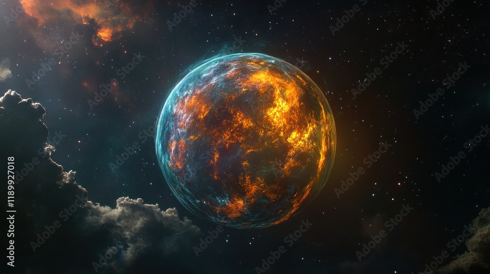 Fiery Celestial Body: A Burning Planet in the Vast Cosmos Fiery Celestial Body: A Burning Planet in the Vast Cosmos