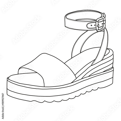 Women's Espadrille Wedge Sandals With Buckle Ankle Strap Open Toe line art, Technical sketch hand drawing outline vector doodle side isometric view isolated on white background for coloring page