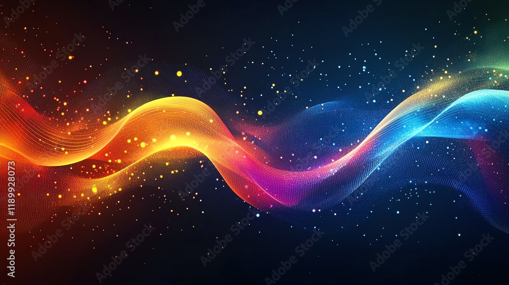 Obraz premium A vibrant abstract background with dash dot lines forming a wavy, fluid pattern, glowing neon hues and sharp contrasts for a modern digital aesthetic