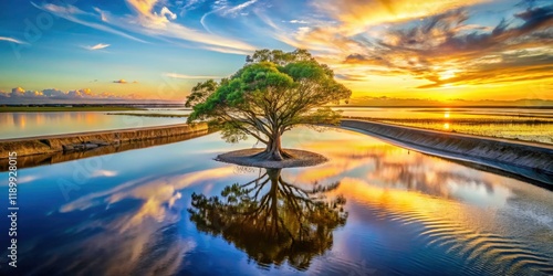 Wallpaper Mural Drone Photography: Majestic Tree on Spillway Channel to Tidal Pool - Aerial View Torontodigital.ca