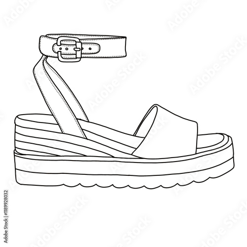 Women's Espadrille Wedge Sandals With Buckle Ankle Strap Open Toe line art, Technical sketch hand drawing outline vector doodle side view isolated on white background for coloring page