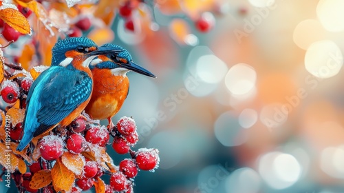 Two kingfishers perched on a frosty, red-berried branch in autumn. photo