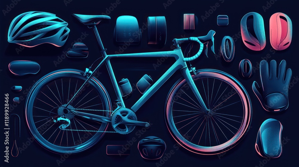 Fototapeta premium Cycling equipment flat lay, road bike and accessories.