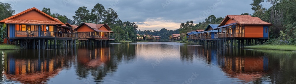 Serene Lakeside Bungalows at Dusk with Reflections and Forest Backdrop Serene Lakeside Bungalows at Dusk with Reflections and Forest Backdrop