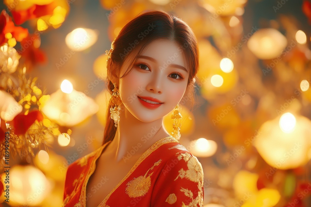 Radiant Beauty in Red Festive Attire: A Portrait of Elegance and Grace Amidst Golden Lights Radiant Beauty in Red Festive Attire: A Portrait of Elegance and Grace Amidst Golden Lights