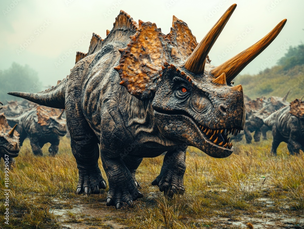 Fototapeta premium Herd of Prehistoric Dinosaurs Roaming in Misty Grassland Under a Dramatic Sky