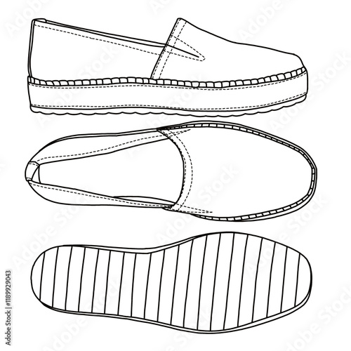 Women's Espadrille Slip On Shoes line art, Technical sketch hand drawing outline vector doodle side, top and bottom view isolated on white background for coloring page