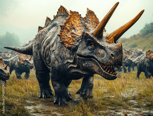 Herd of Prehistoric Dinosaurs Roaming in Misty Grassland Under a Dramatic Sky photo