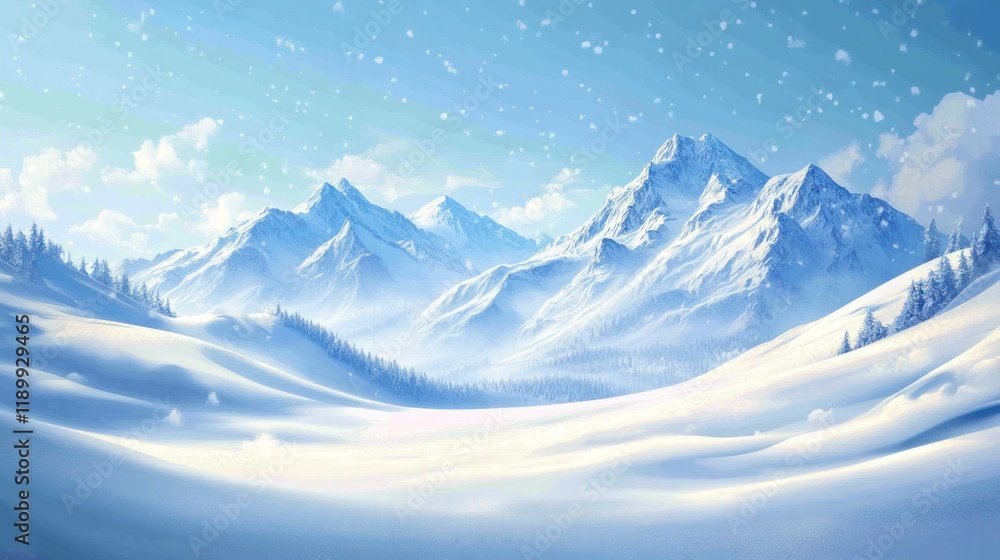 Snowy mountain range with gently rolling hills and a light snowfall. Snowy mountain range with gently rolling hills and a light snowfall.