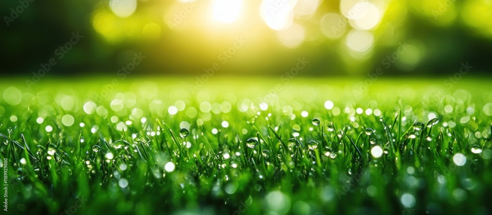 Obraz premium Dew drops on lush green grass at sunrise.