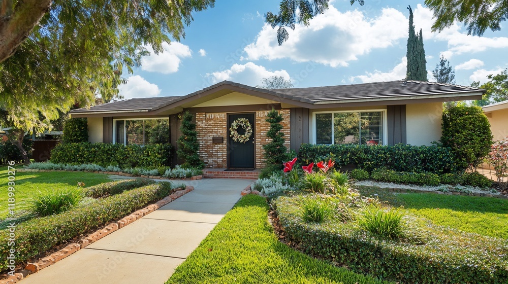 Fototapeta premium A charming suburban home with landscaped gardens and a welcoming entrance.