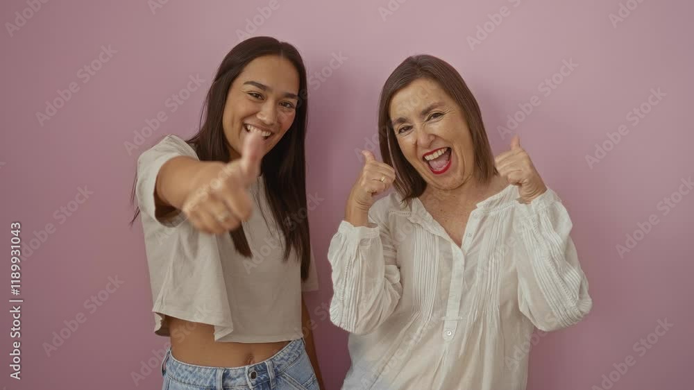 Women smiling together, expressing joy and bonding with thumbs-up gesture against pink wall, depicting love and friendship in a warm, positive environment. Women smiling together, expressing joy and bonding with thumbs-up gesture against pink wall, depicting love and friendship in a warm, positive environment.