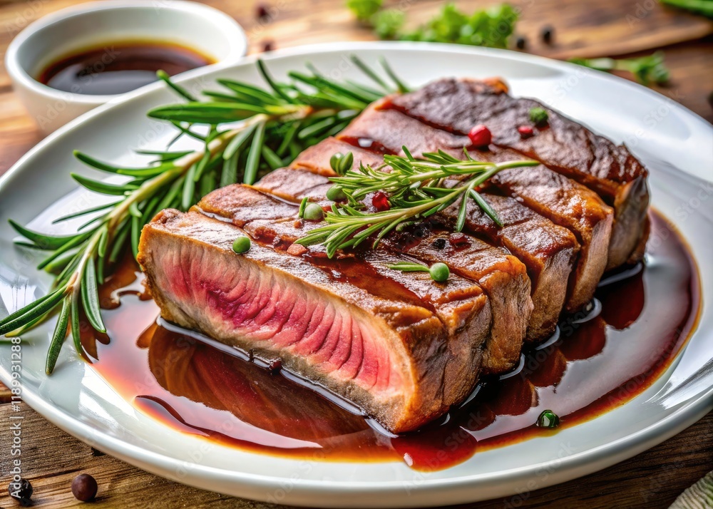 Juicy Medium-Rare Steak: Herb-Crusted, Sliced Perfection on White Plate Juicy Medium-Rare Steak: Herb-Crusted, Sliced Perfection on White Plate