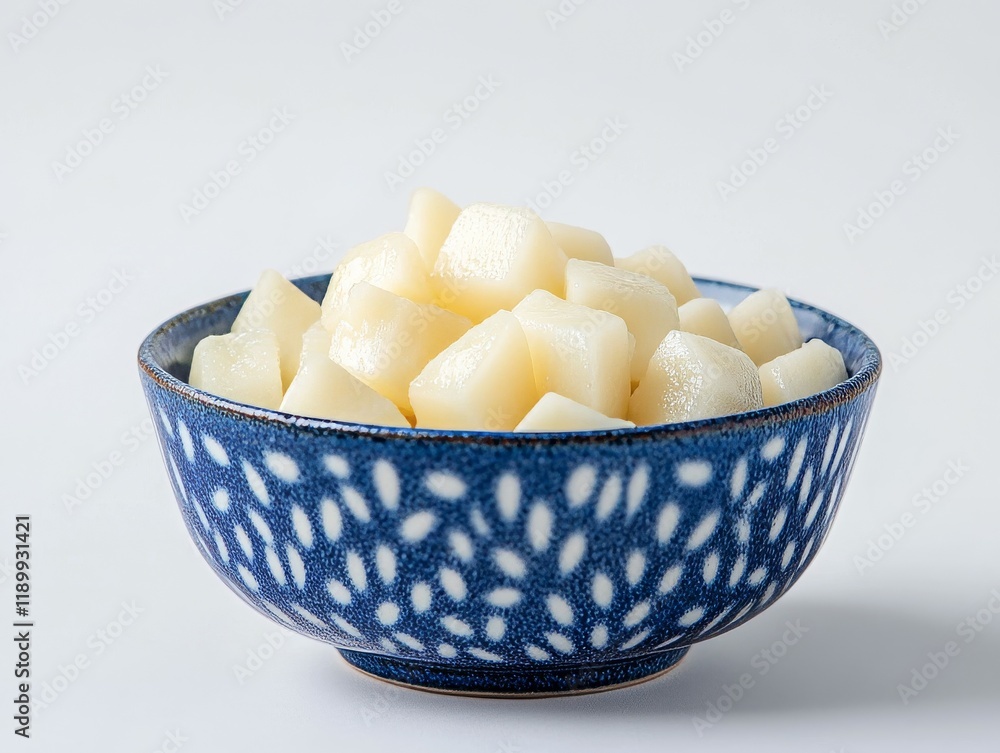close-up of cubed daikon radish in bowl, white raddish cuts close-up of cubed daikon radish in bowl, white raddish cuts