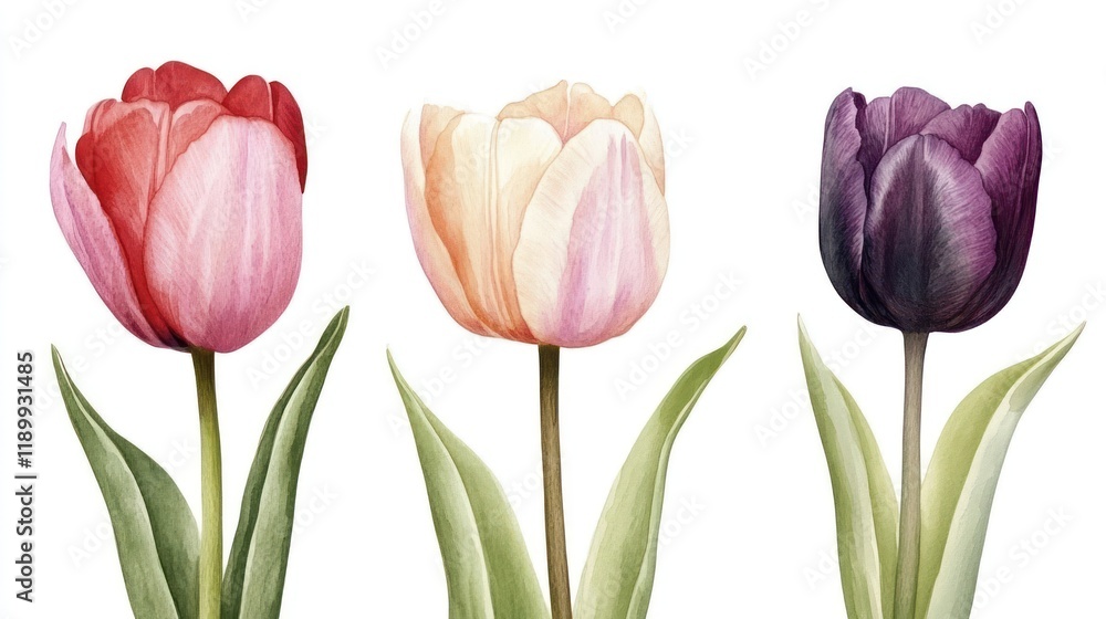 Watercolor tulips, red, peach, purple, isolated, spring design Watercolor tulips, red, peach, purple, isolated, spring design