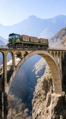 Cargo train crossing mountain bridge, valley background, transport image photo