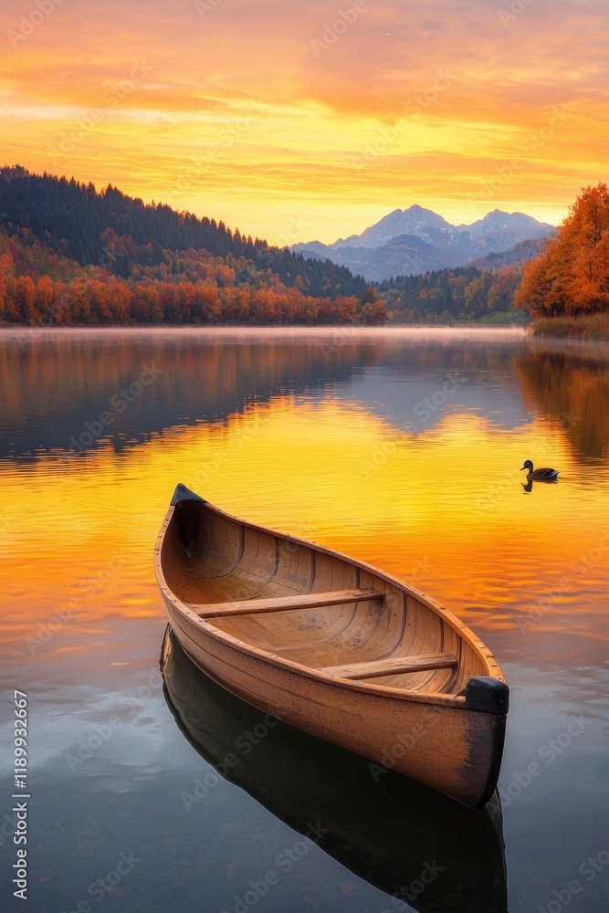 Serene Sunset Reflection with Wooden Boat on Calm Lake Surface