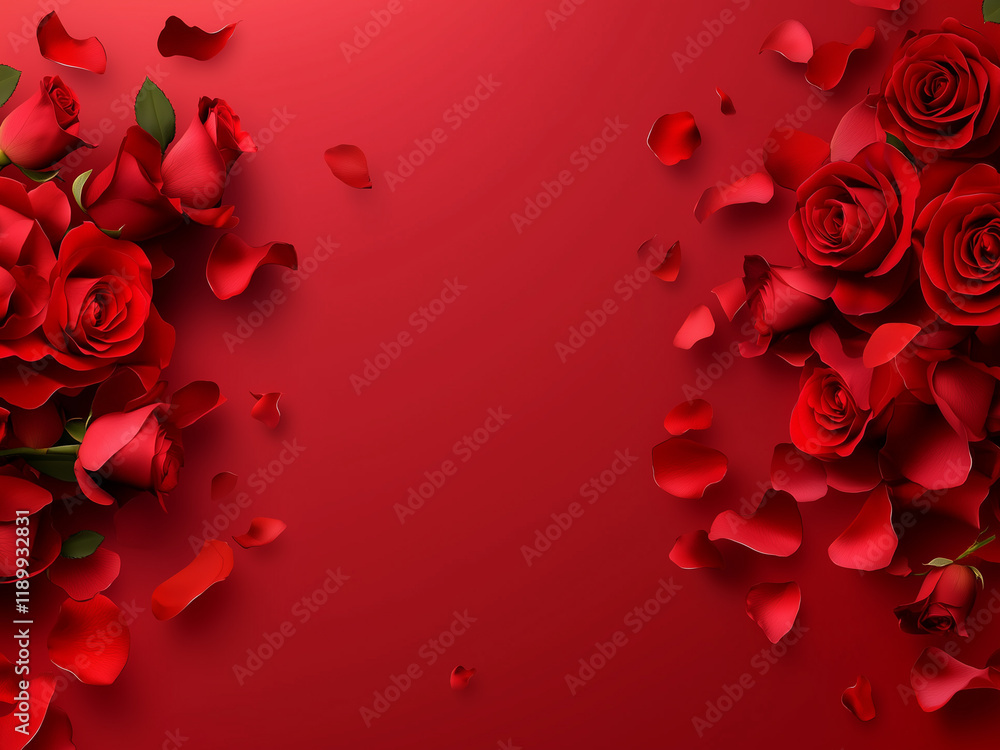 Flying petals and red roses on a red background with copy space. Creative floral levitation in the air nature layout. Romantic Ambience vibes Flying petals and red roses on a red background with copy space. Creative floral levitation in the air nature layout. Romantic Ambience vibes