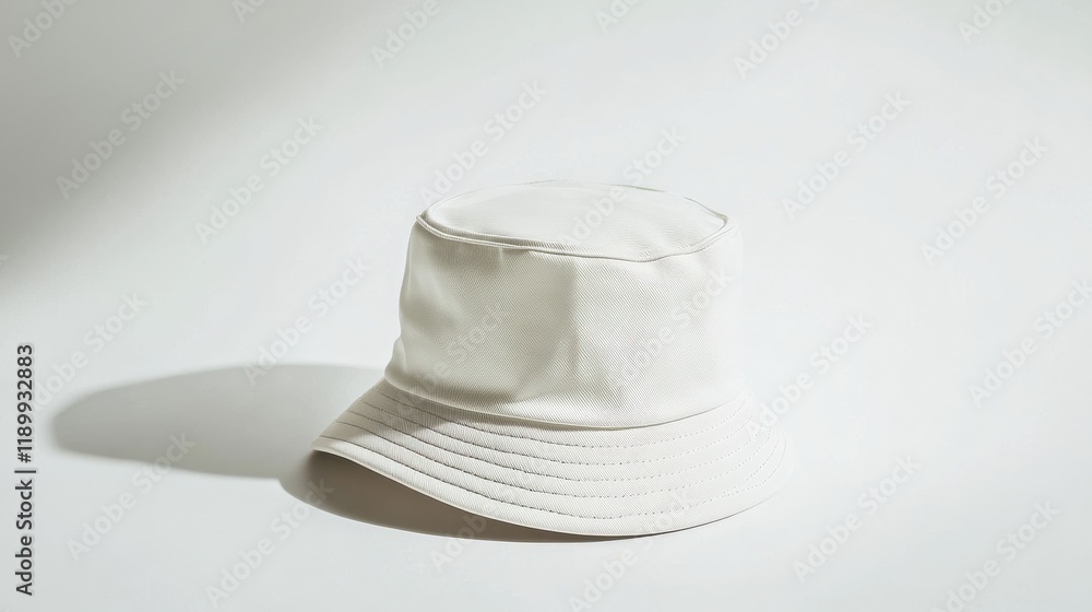 Stylish White Bucket Hat on Light Background with Soft Shadows Stylish White Bucket Hat on Light Background with Soft Shadows