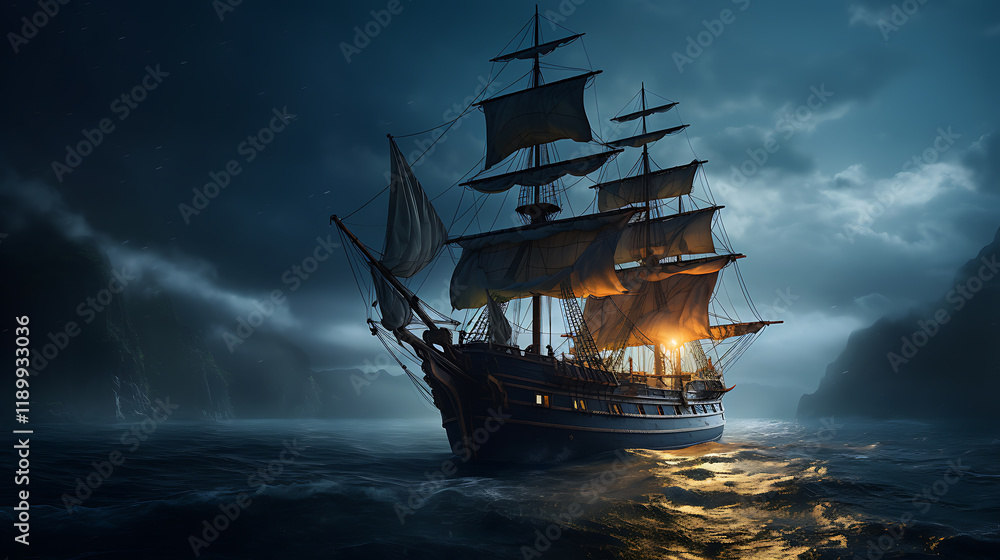 Fototapeta premium Night sailing, wallpaper, a large junk ship floating in the middle of the water at night.