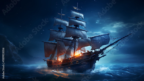 Night sailing, wallpaper, a large junk ship floating in the middle of the water at night.