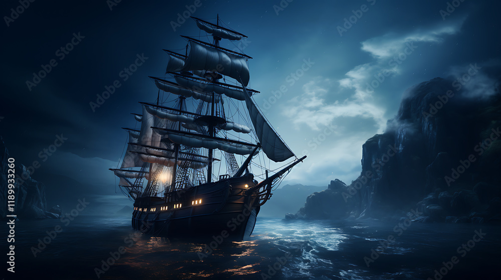 Fototapeta premium Night sailing, wallpaper, a large junk ship floating in the middle of the water at night.