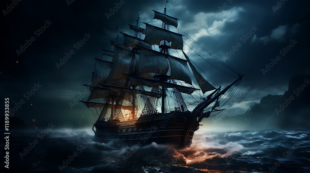 Fototapeta premium Night sailing, wallpaper, a large junk ship floating in the middle of the water at night.