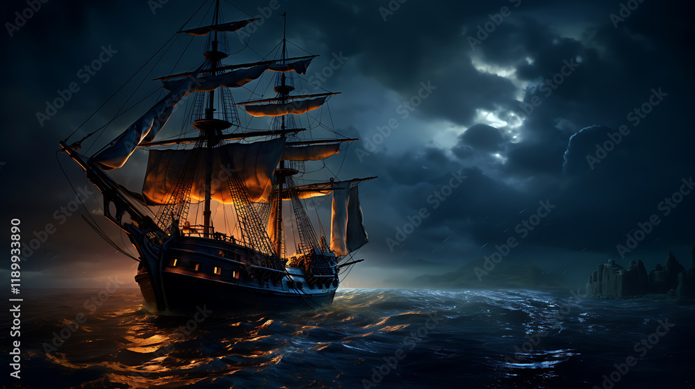 Fototapeta premium Night sailing, wallpaper, a large junk ship floating in the middle of the water at night.