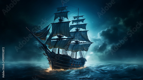 Night sailing, wallpaper, a large junk ship floating in the middle of the water at night.