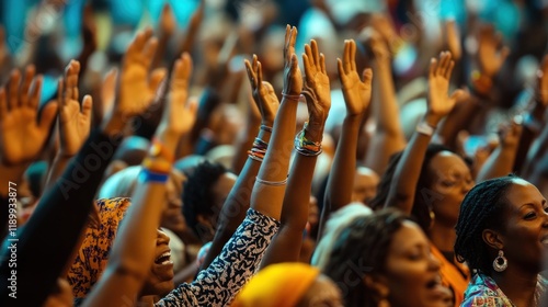 Diverse crowd of people raising hands in celebration.