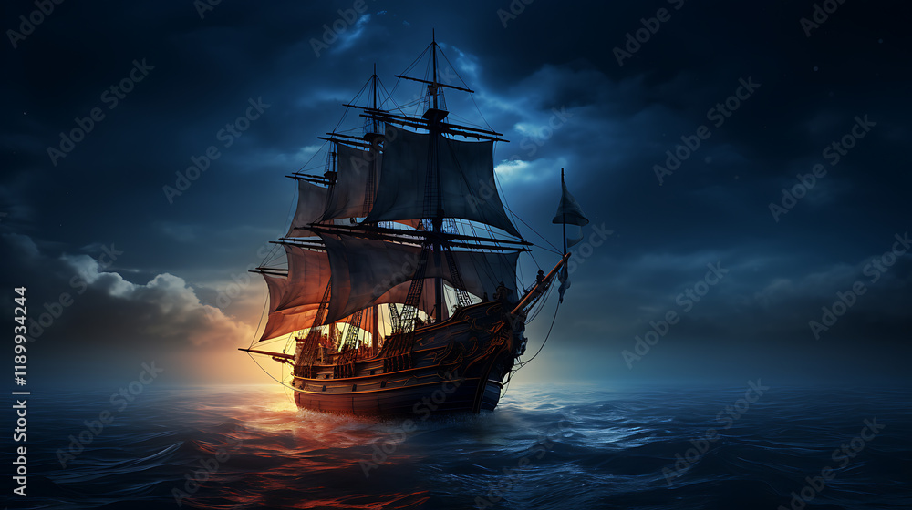 Fototapeta premium Night sailing, wallpaper, a large junk ship floating in the middle of the water at night.