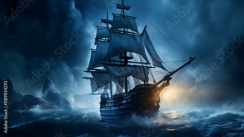 Night sailing, wallpaper, a large junk ship floating in the middle of the water at night.