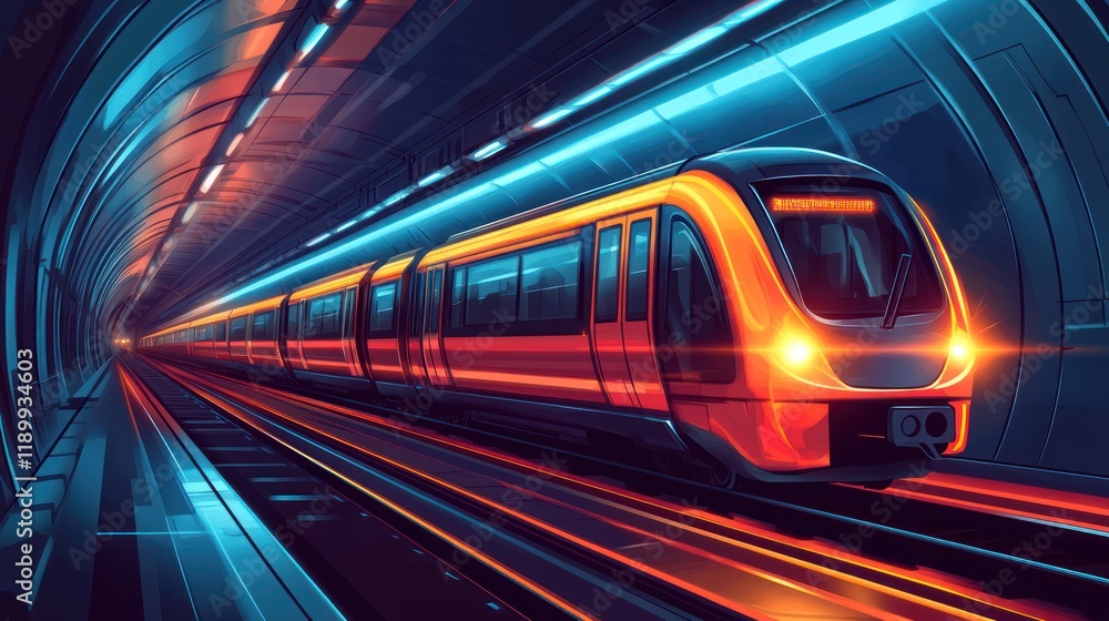 Fototapeta premium Futuristic high-speed train speeding through a neon-lit subway tunnel.